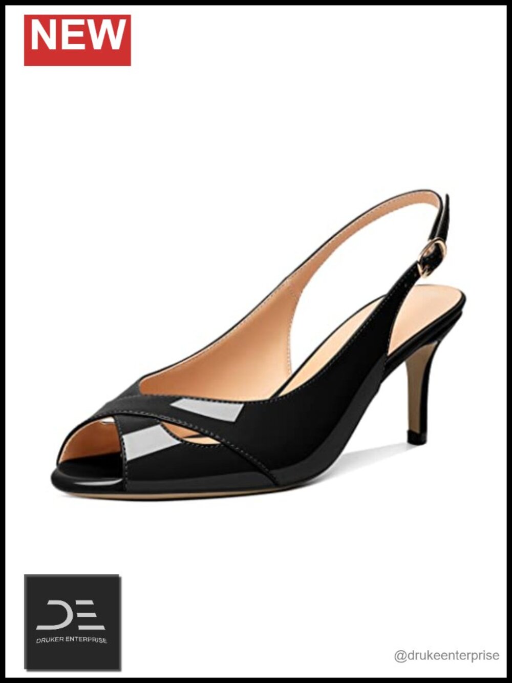 Women's Slingback Heels Peep Toe Stiletto Mid Heel Pumps Patent Leather